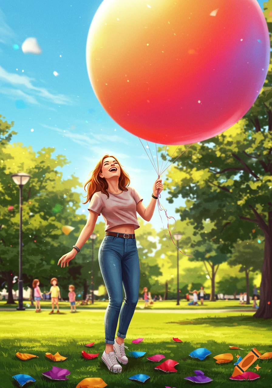 Stylized illustration of a happy woman in a sunny park holding a huge red and orange balloon, with colorful confetti on the grass.