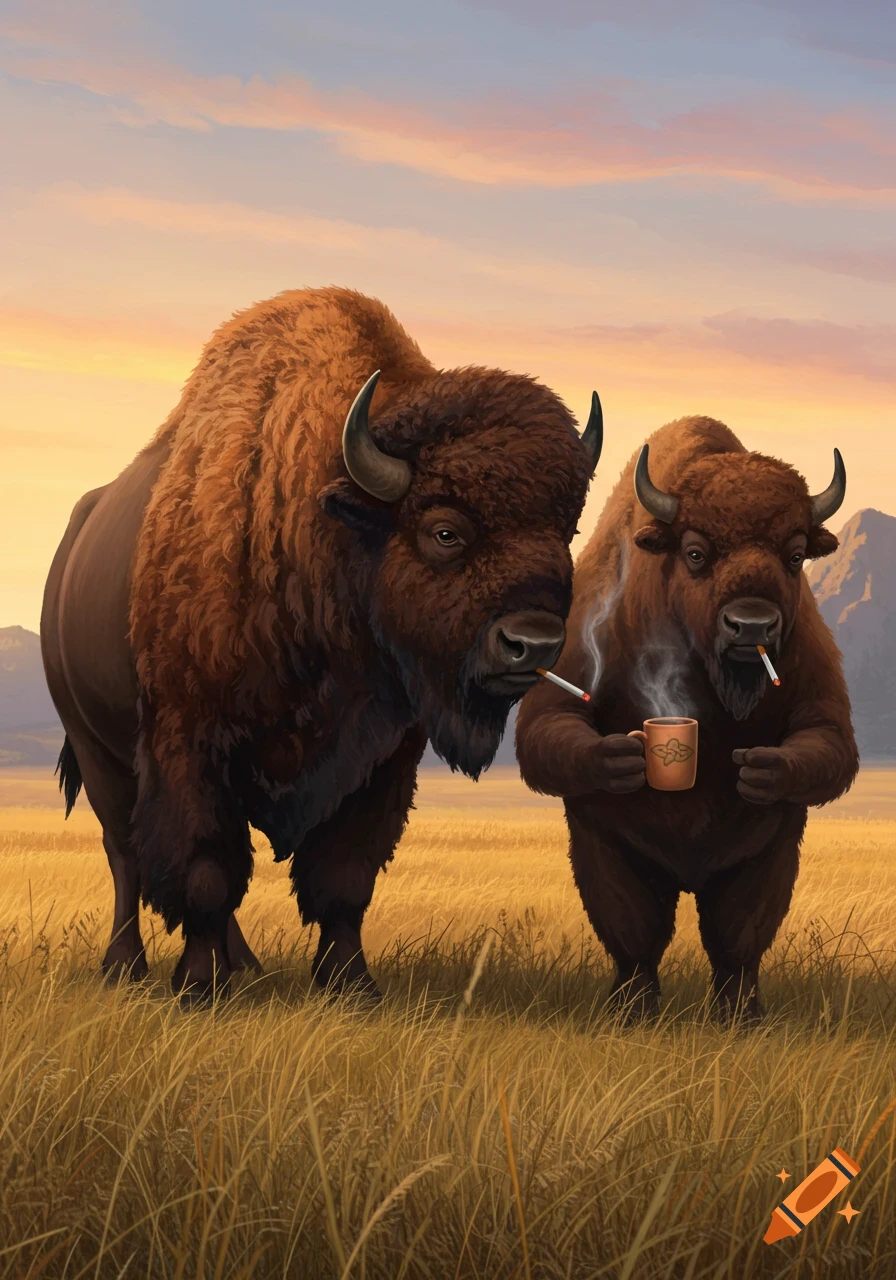 Two anthropomorphic bison in a golden field at sunset, both smoking, one holding a steaming coffee mug.