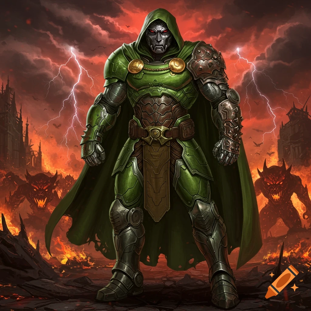 An armored masked figure in a green cape and metallic armor with red glowing eyes stands in a fiery, lightning-filled landscape with demons.