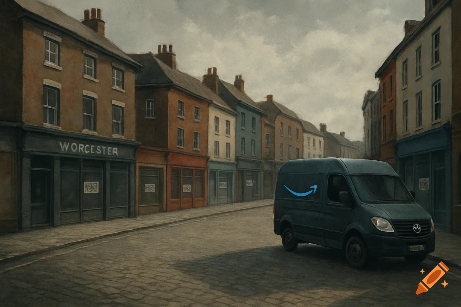 A dark Amazon delivery van parked on a cobblestone street in front of a row of old buildings in a painterly style.