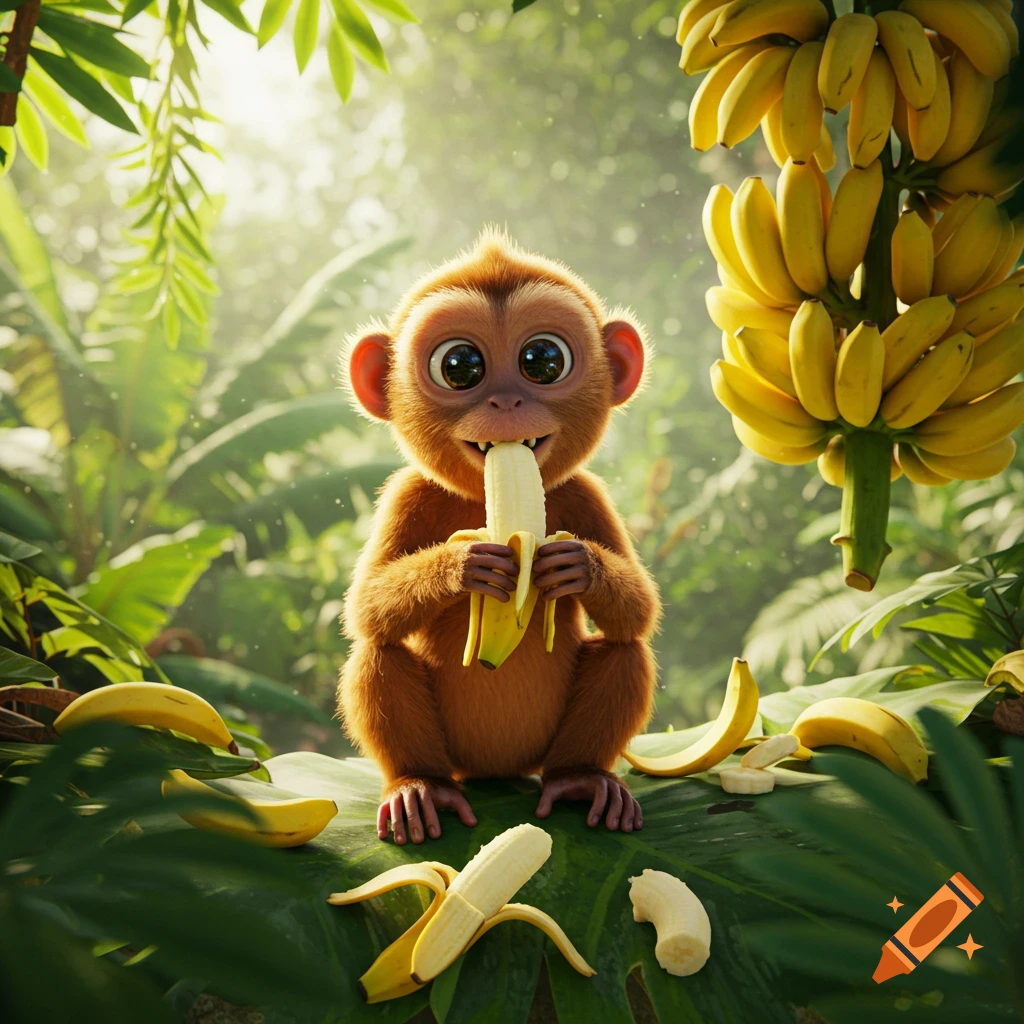 A cute, stylized baby monkey with big eyes sits in a lush jungle, happily peeling and eating a banana, with more bananas around it.