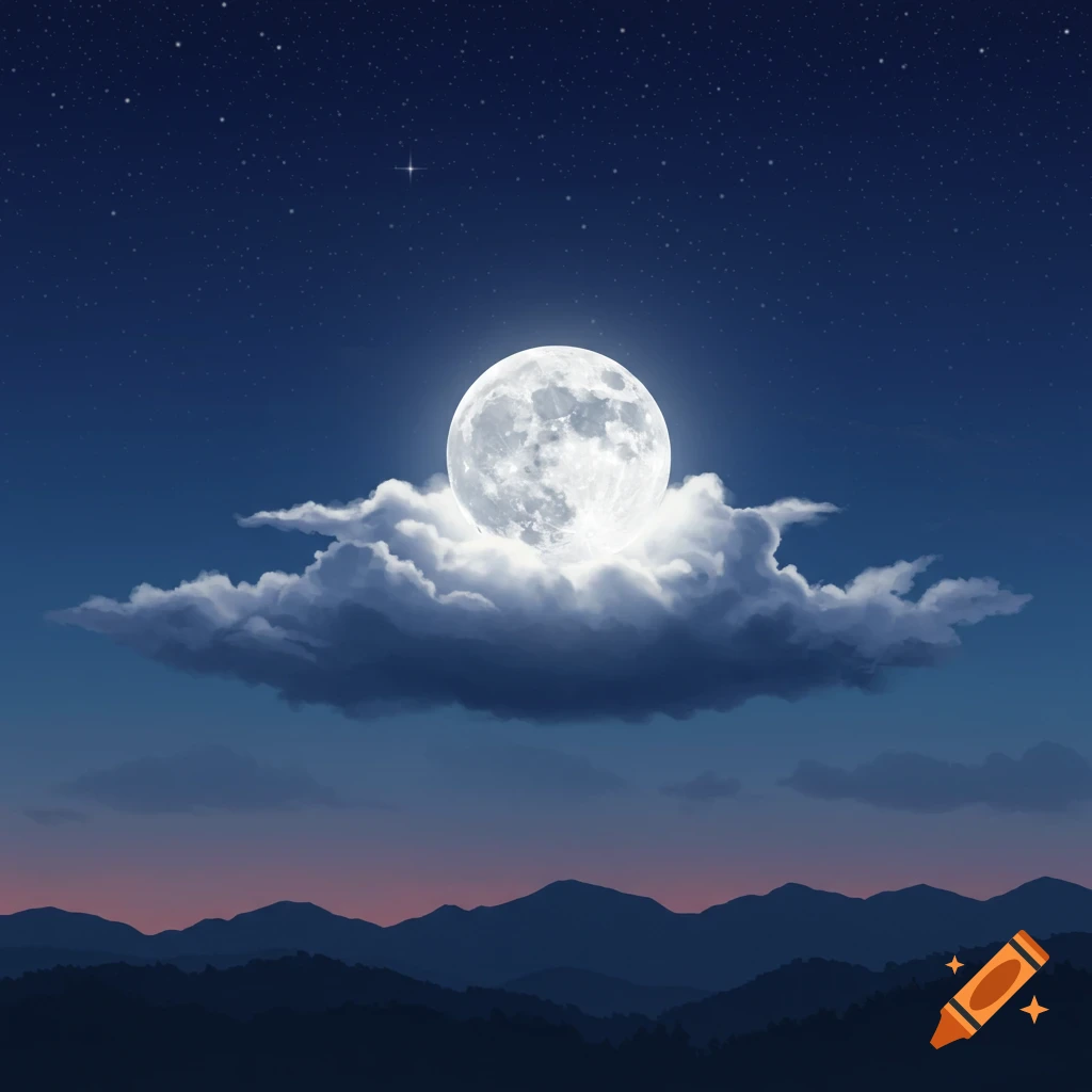 A bright full moon rises above glowing white clouds and dark mountain silhouettes under a starry night sky.