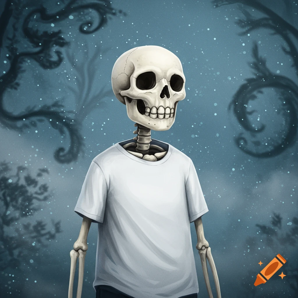 A stylized illustration of a skeleton in a white t-shirt against a dark, starry forest background.