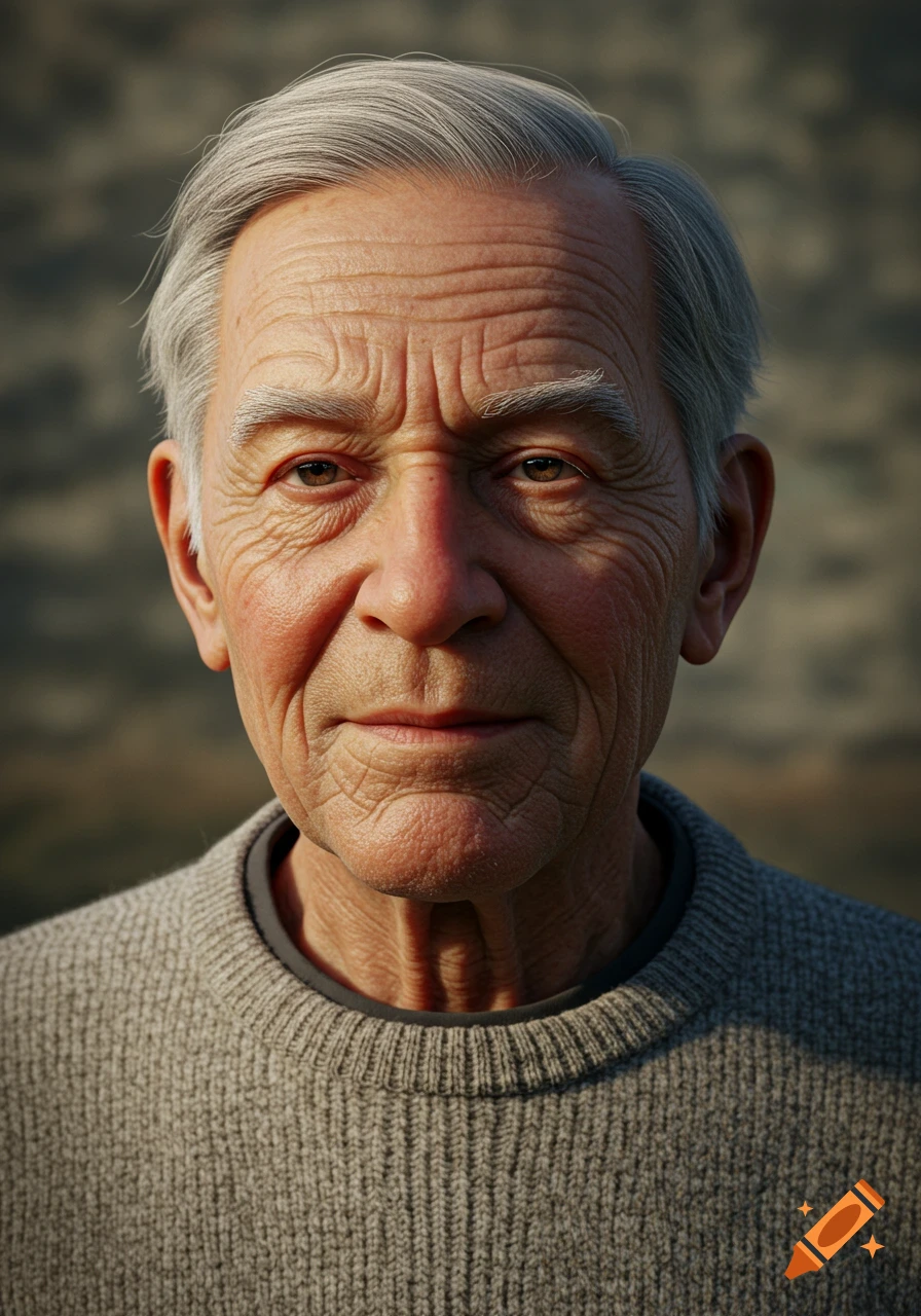 Close-up photorealistic portrait of an elderly man with gray hair and a grey sweater, looking forward.