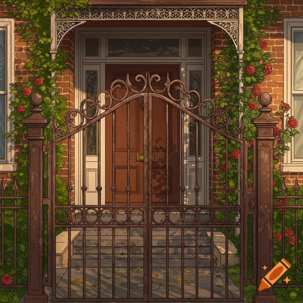 An illustrative image of a brown wrought iron gate in front of a brick house with a wooden door, framed by climbing green vines and red roses.