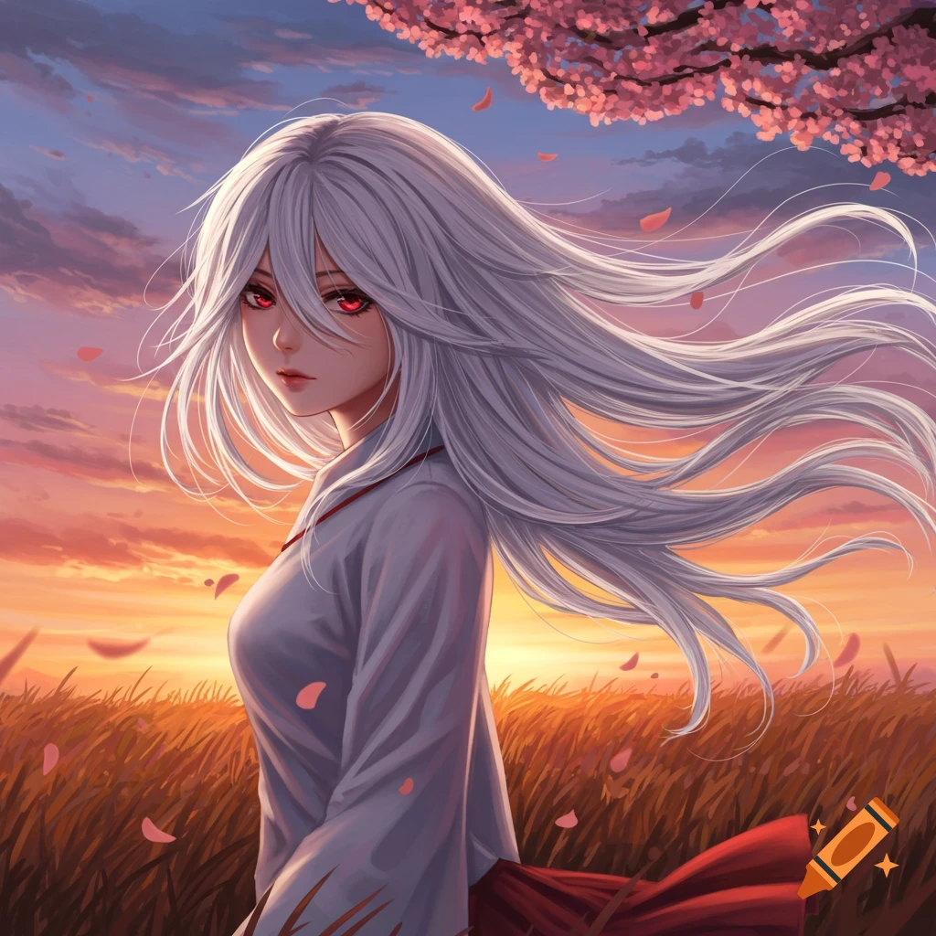 Anime girl with long white hair and red eyes in a field with flowing hair and falling cherry blossoms at sunset.