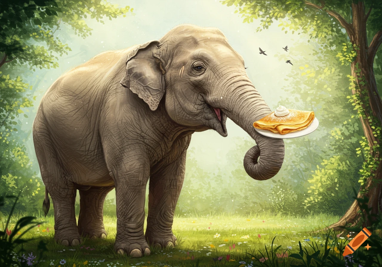 A large elephant holds a pancake with whipped cream on a plate in its trunk, mouth open, in a sunlit forest clearing. Digital painting.
