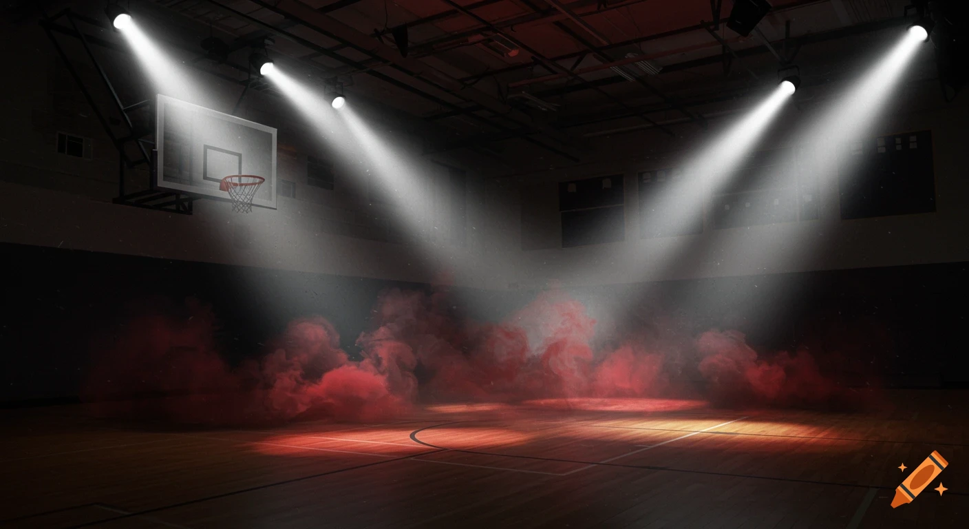 A dark high school basketball gym floor lit by bright spotlights with red and gray smoke rising from the court.