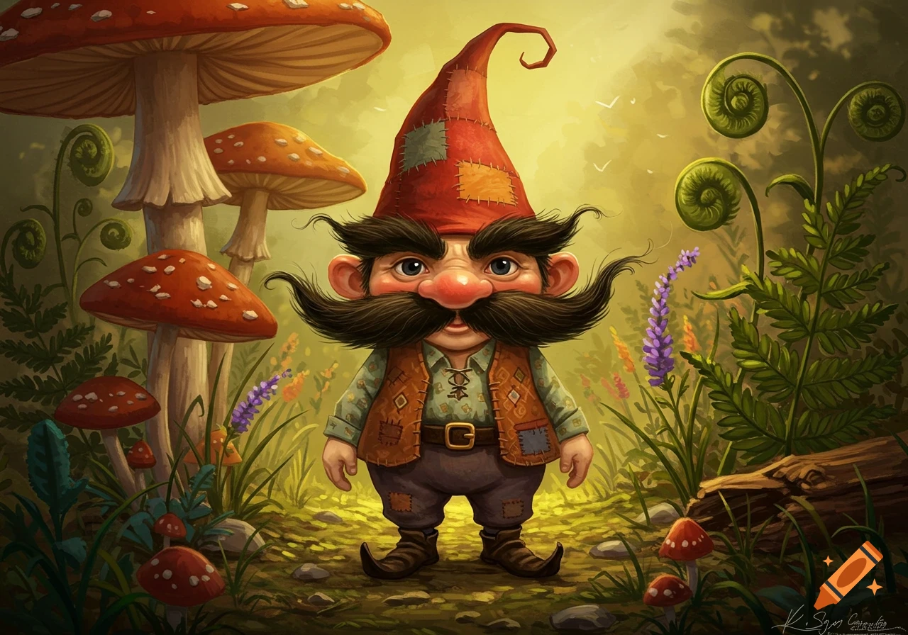 Whimsical illustration of a gnome with a huge mustache and red hat, standing in a magical forest with large mushrooms.