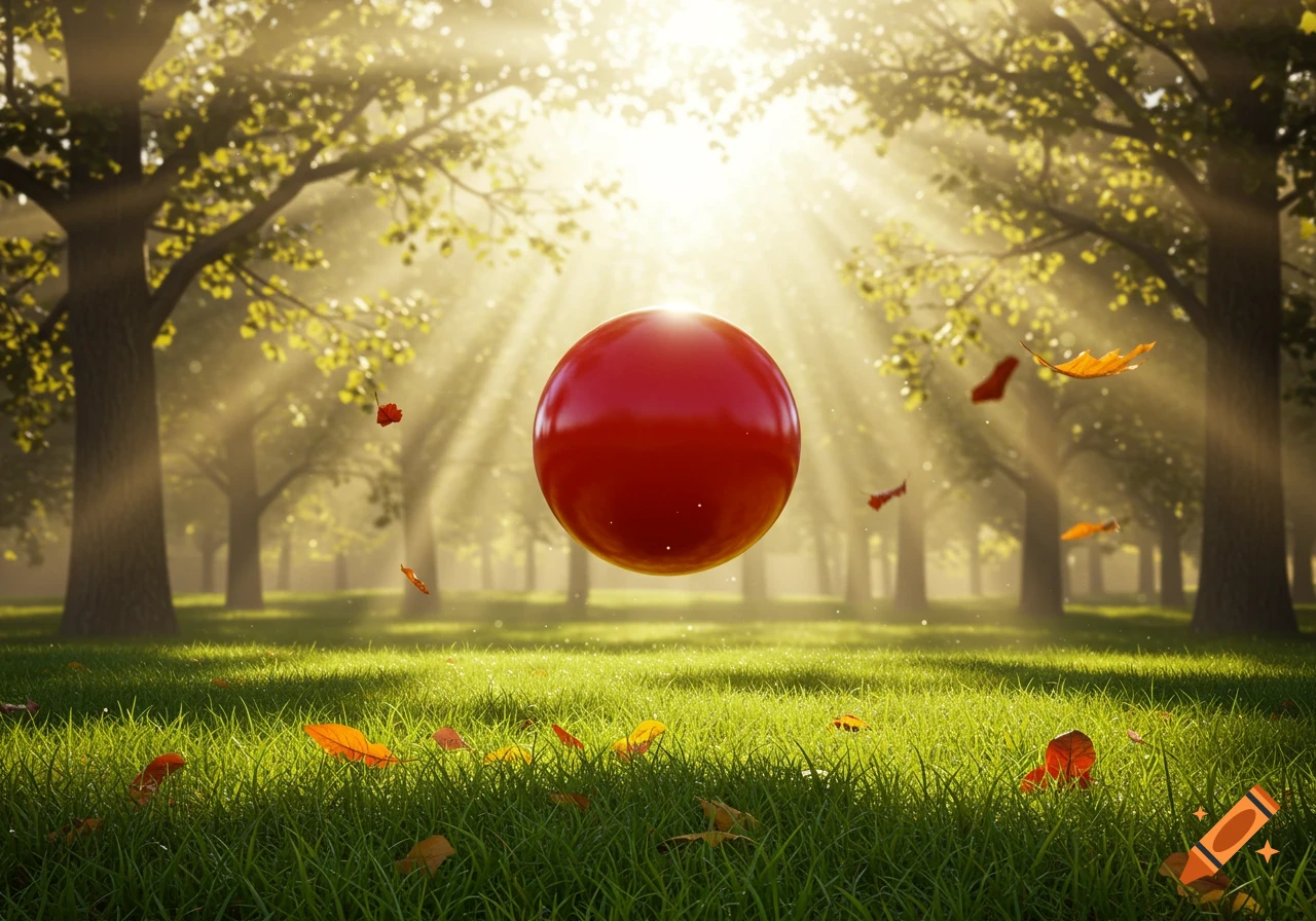 A red sphere floats above a green lawn in a sunlit forest, with light rays and scattered autumn leaves.