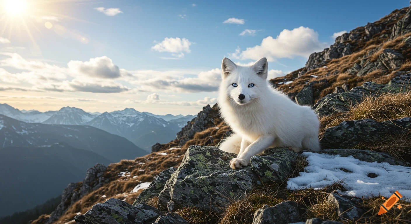 A photorealistic white arctic fox with striking blue eyes, sitting on a rocky mountain with patches of grass and snow, under a sunny sky.