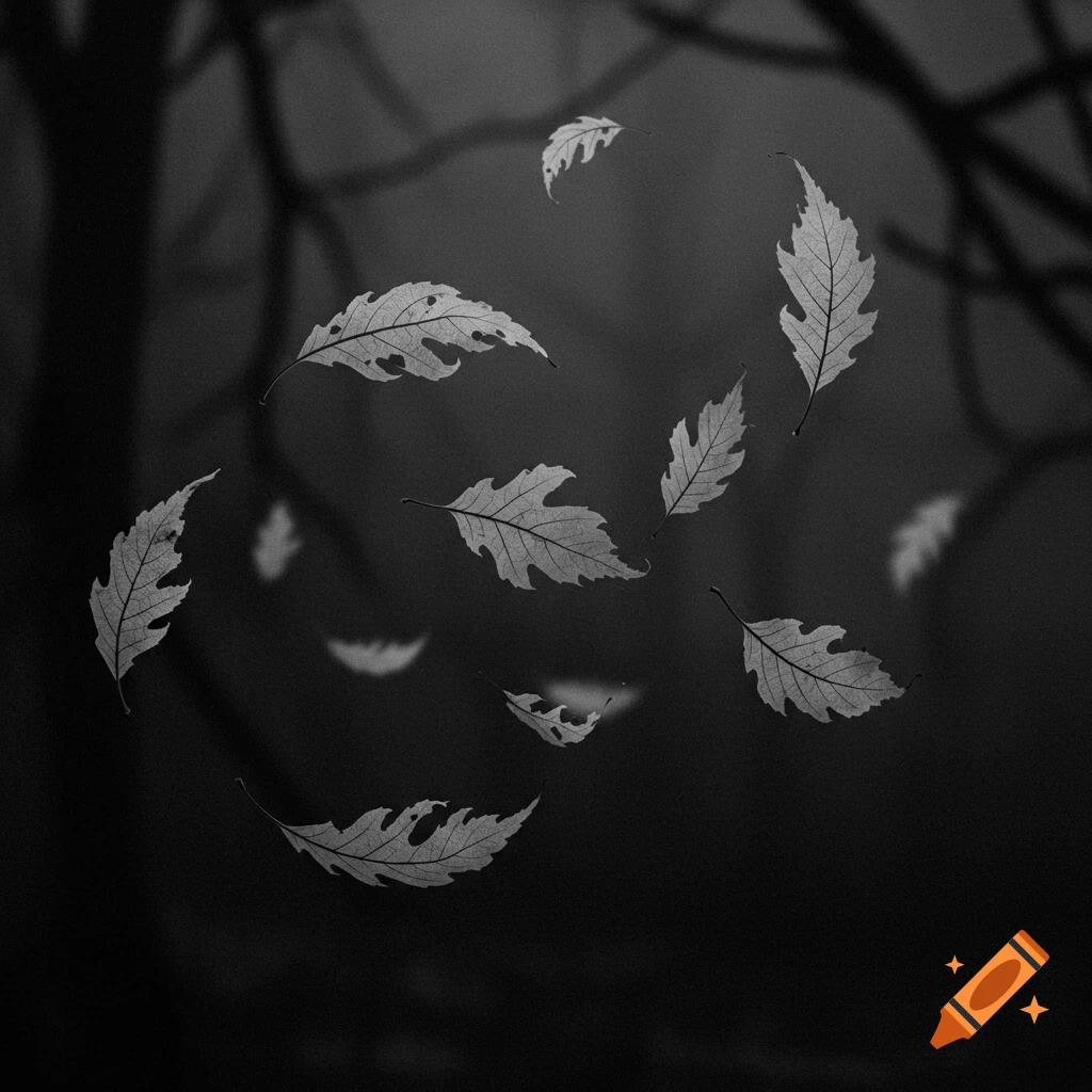 Black and white image of several oak leaves falling against a dark, blurry background with subtle tree silhouettes.