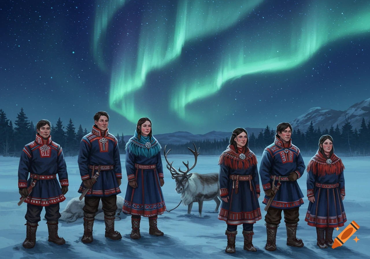 A group of people in traditional Sami clothing stand with a reindeer in a snowy landscape under the vibrant Northern Lights.