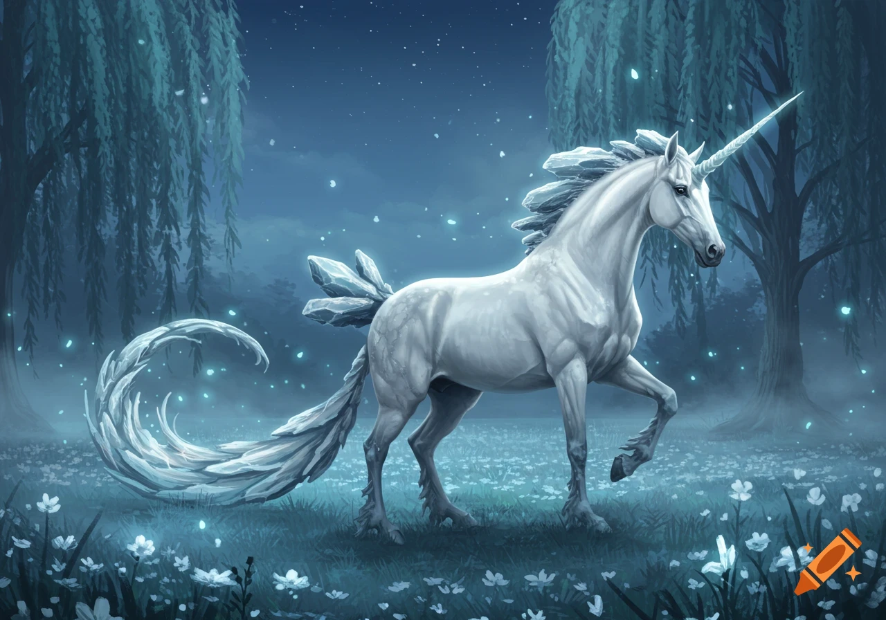 White unicorn with a crystal tail and mane walks through a mystical, moonlit forest with glowing flowers.