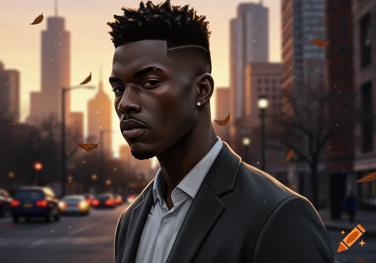 Dark-skinned man with a high-fade haircut and suit jacket stands in an urban setting with falling leaves at sunset.