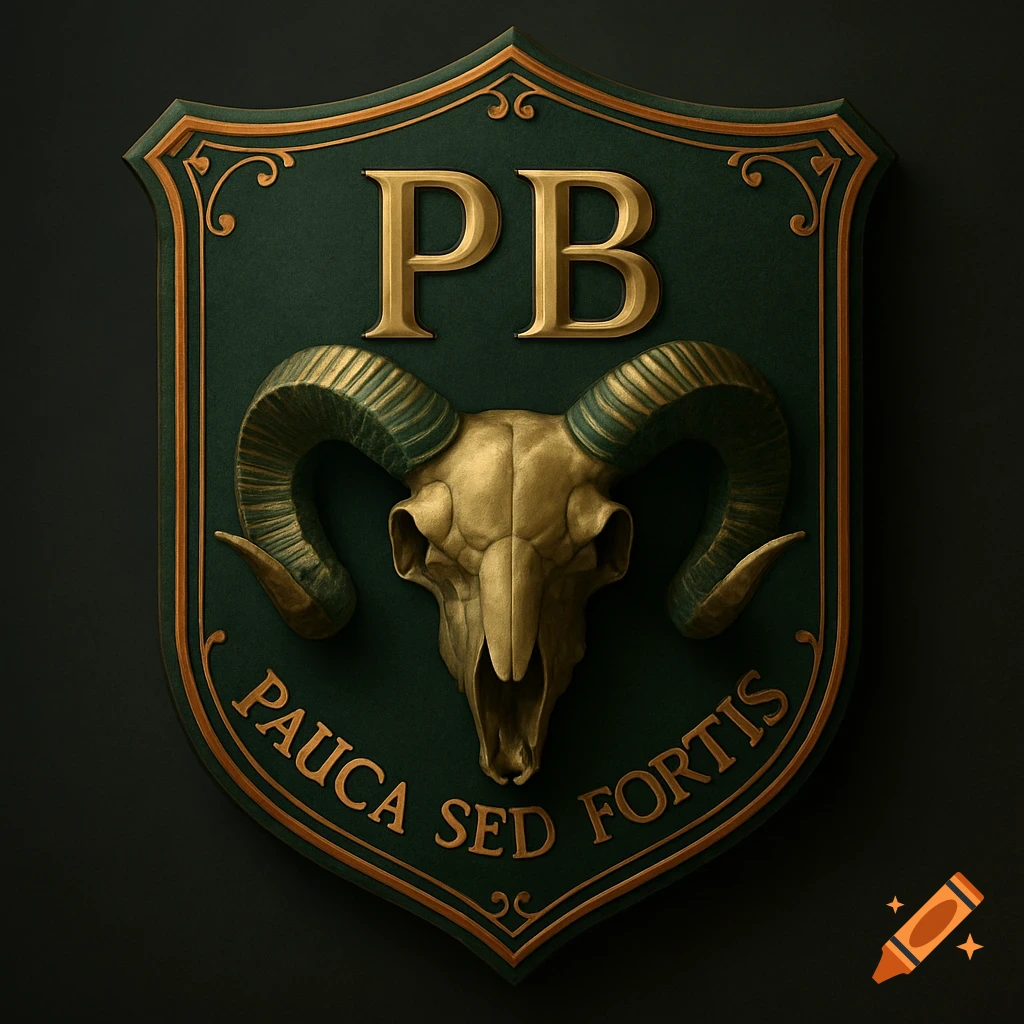 A dark green and gold heraldic shield with embossed 'PB', a ram skull, and 'Pauca Sed Fortis' text.