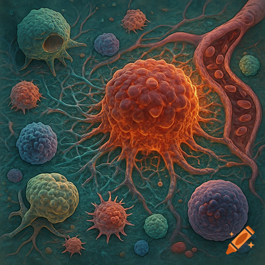 Microscopic view of an orange tumor cell with root-like tendrils, surrounded by other cells and a blood vessel, in a biological illustration style.