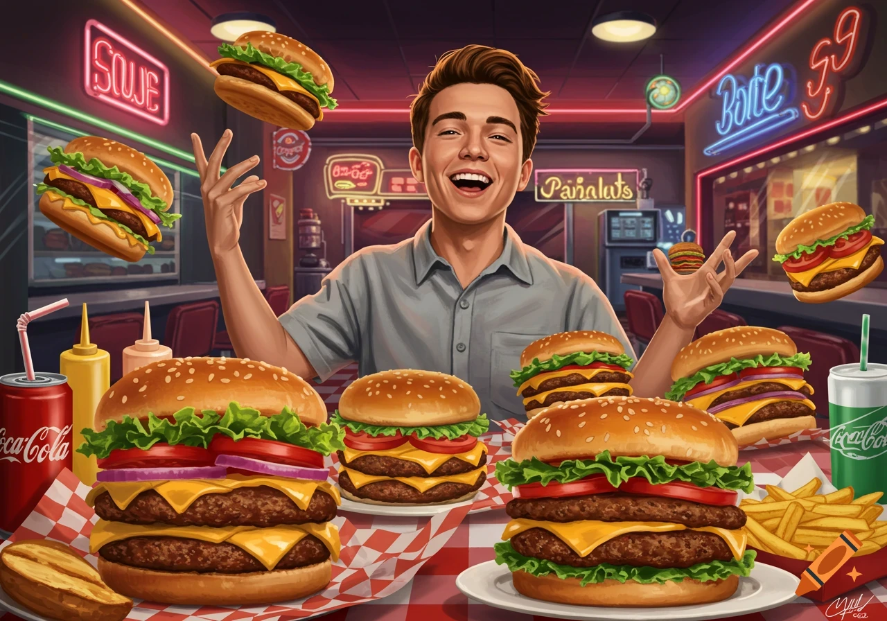 A smiling man juggles burgers in a vibrant retro diner, surrounded by many burgers, fries, and soda on the table in an illustrated style.
