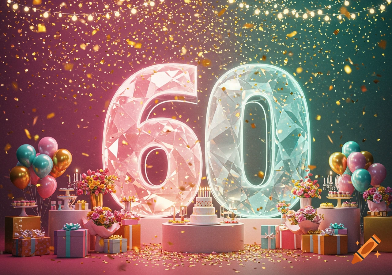 A festive 60th birthday celebration scene with giant sparkling numbers '60', balloons, cake, presents, and confetti falling.