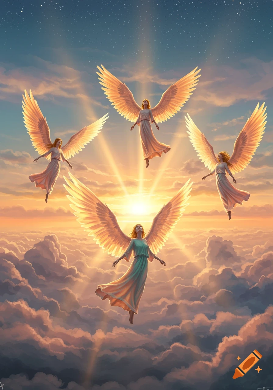Four ethereal angels with large, golden wings fly through a heavenly sky filled with glowing clouds and rays of sunlight.