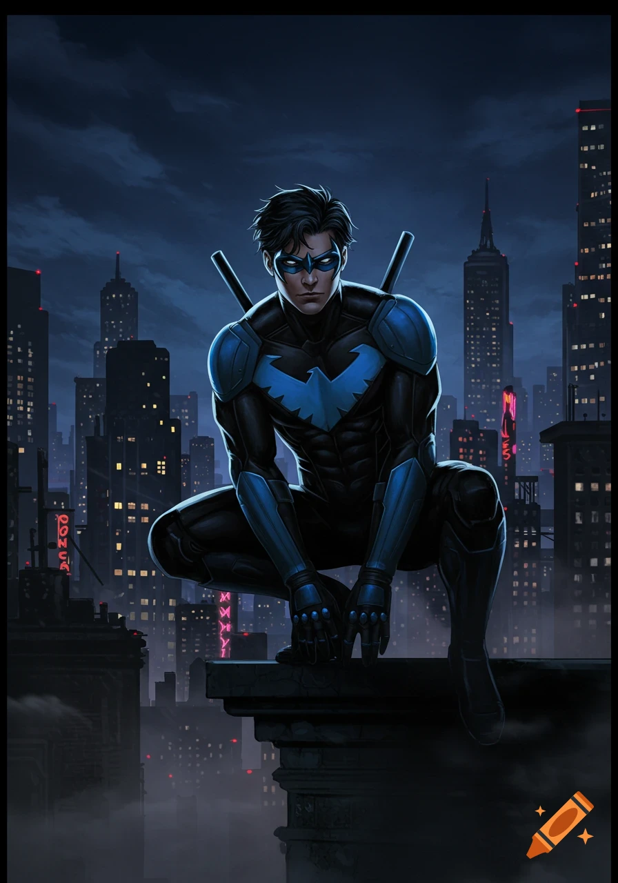 Nightwing, in his blue and black suit, crouches on a dark skyscraper rooftop overlooking a glowing cityscape at night, in comic art style.
