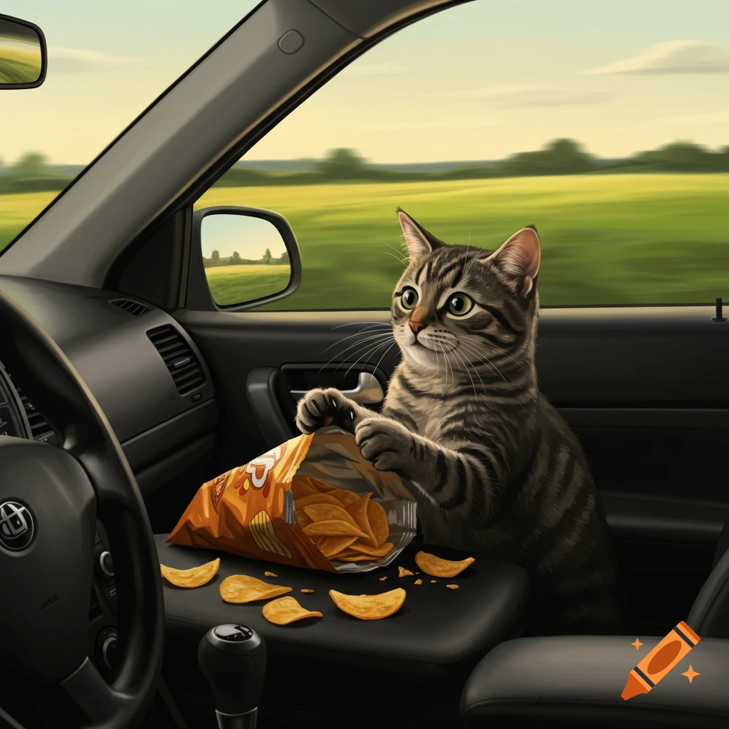 A photorealistic image of a tabby cat sitting in a car, opening a bag of potato chips with some spilled.