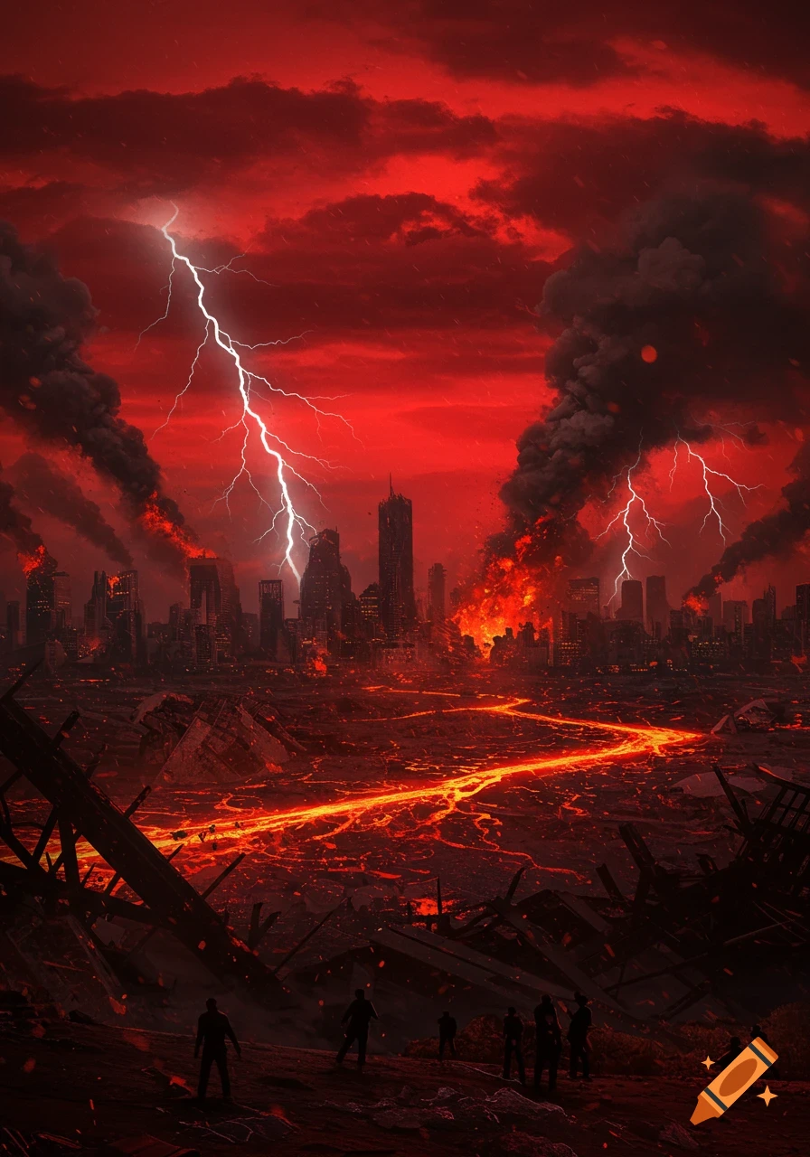 A destroyed city under a fiery red sky with lightning, consumed by fire and flowing lava, with silhouetted figures in the foreground.