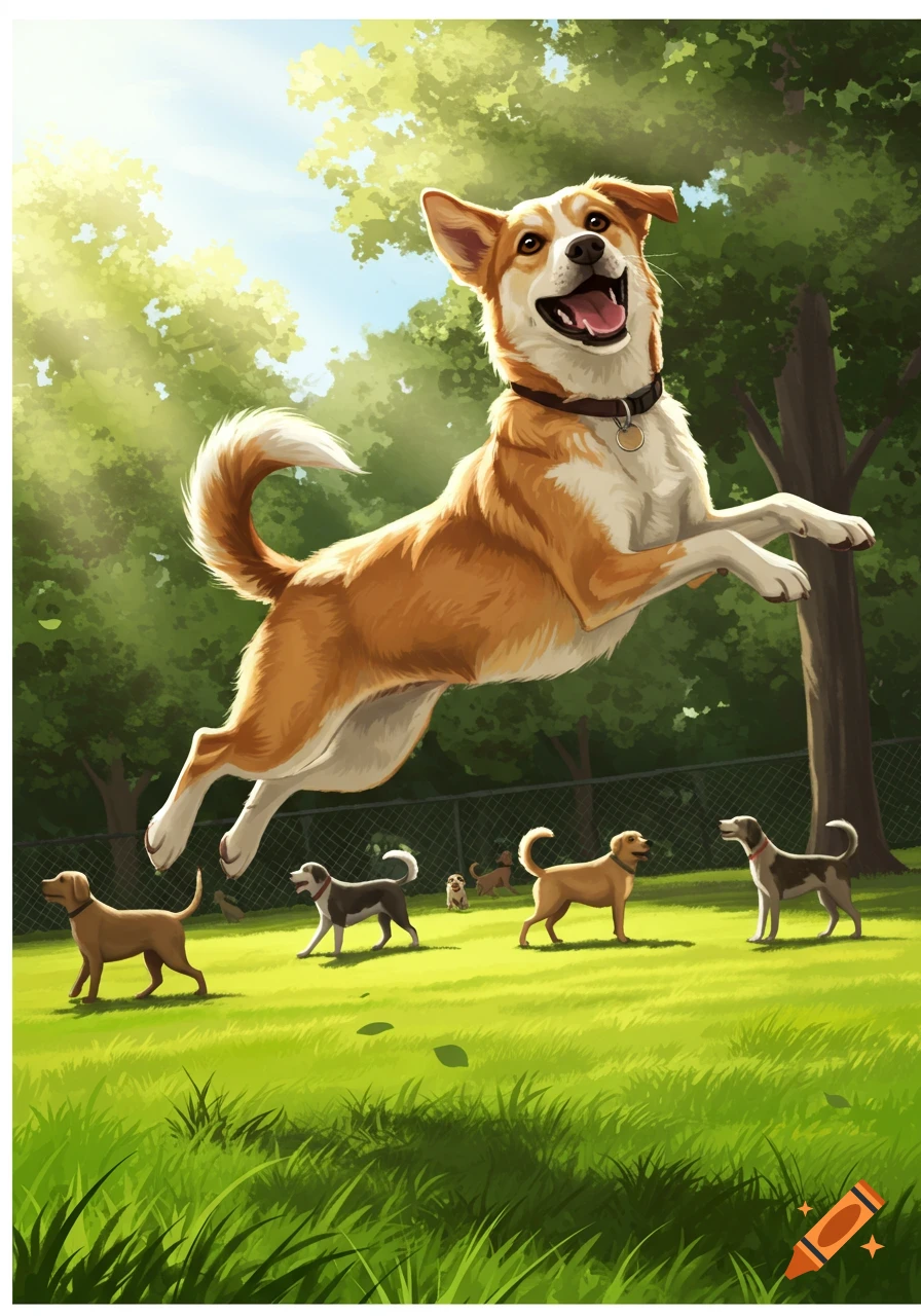 A happy, orange and white dog jumps exuberantly in a sunny, green dog park, with other dogs in the background. Illustration.