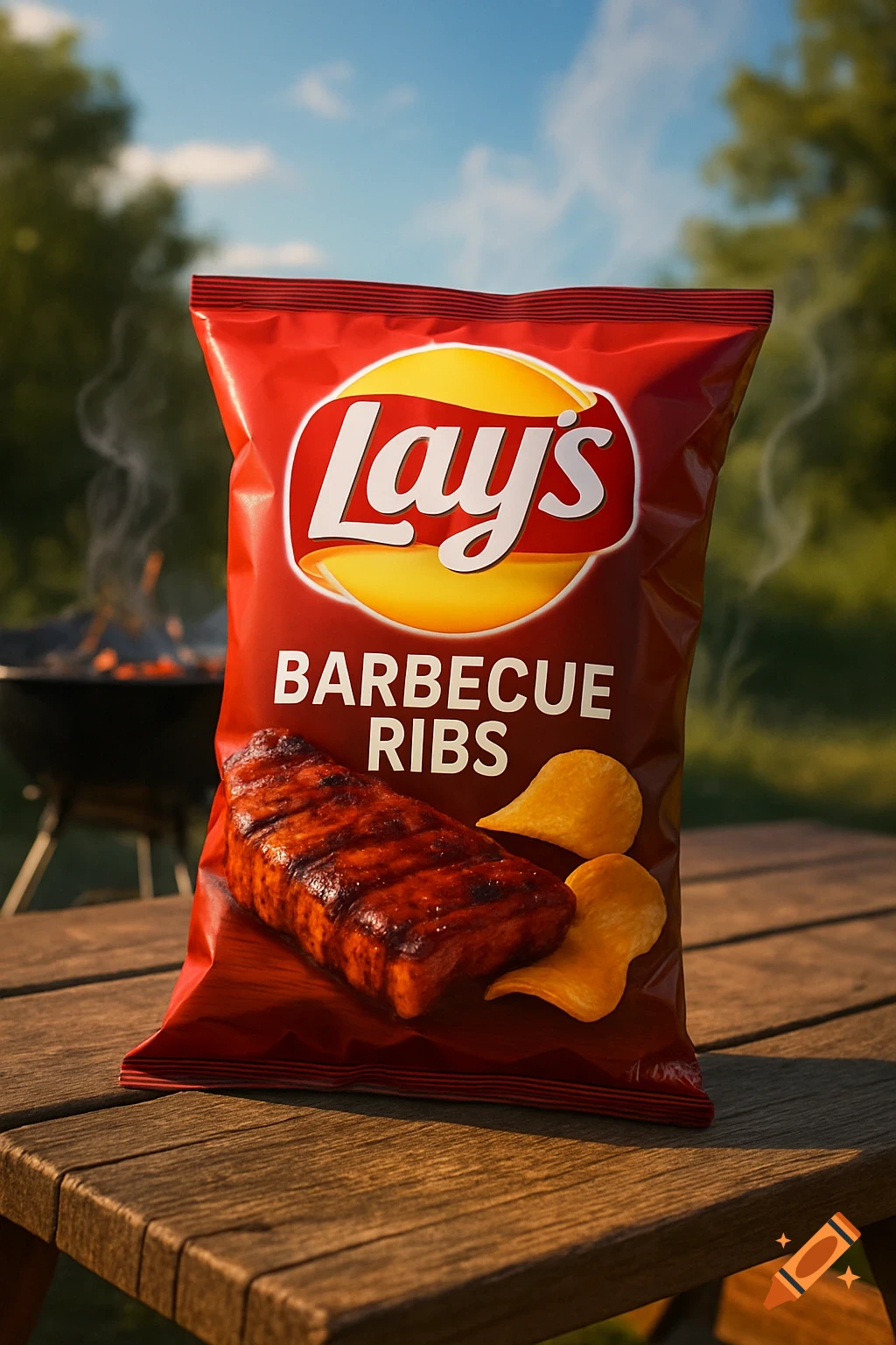 Photorealistic image of a Lay's Barbecue Ribs potato chip bag on a wooden picnic table with a smoking grill in the background.