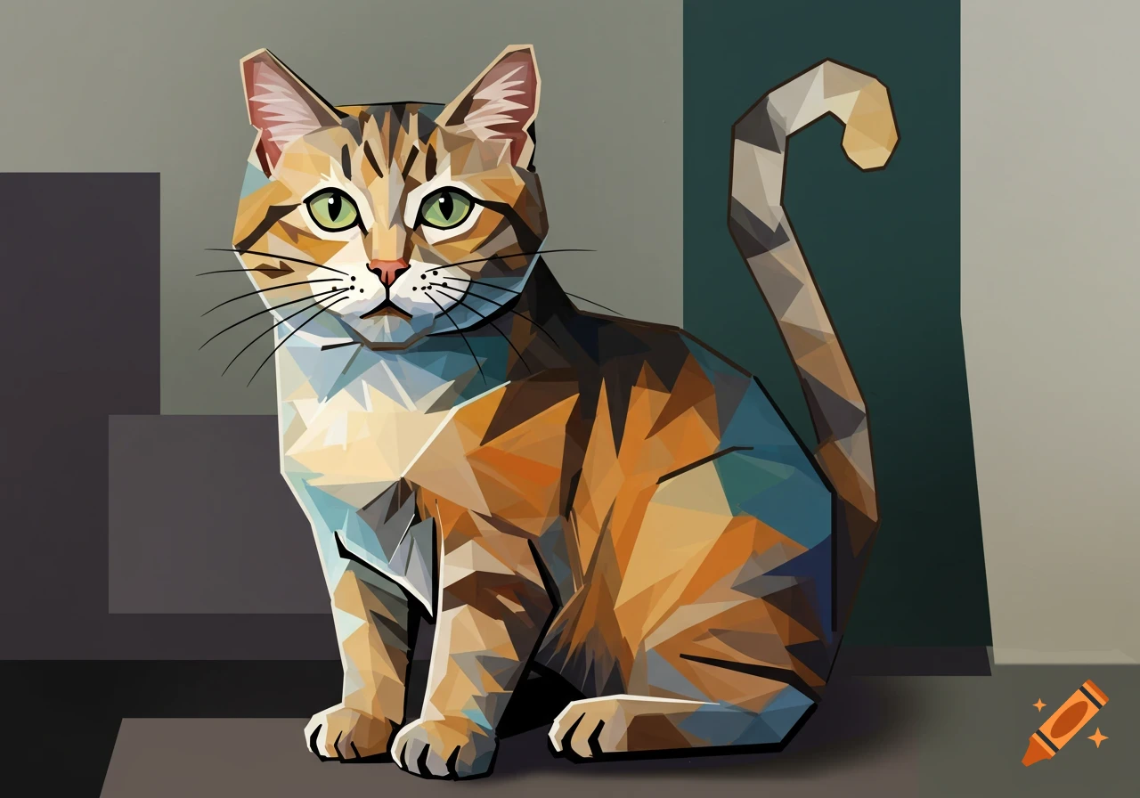 A geometric, cubist-style cat with orange, brown, and blue facets sits against a muted background.
