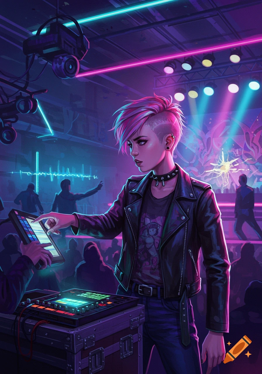 A punk-style woman with pink hair operates DJ equipment at a neon-lit music event in a club, with blurred figures in the background.