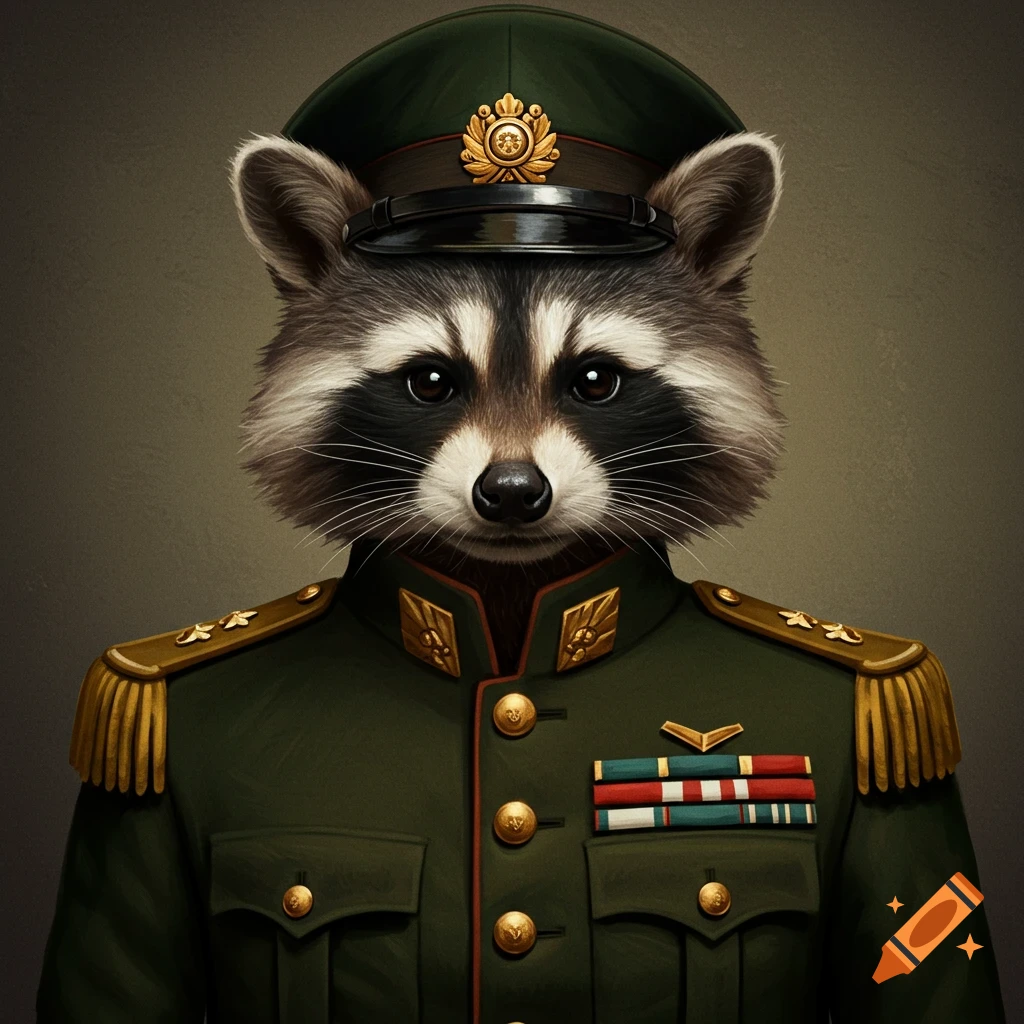 A detailed portrait of a raccoon wearing a green military uniform with medals and a matching cap.