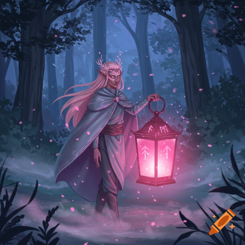 An elf with pink hair and antlers walks through a dark forest, holding a glowing pink lantern with falling petals. Illustration.
