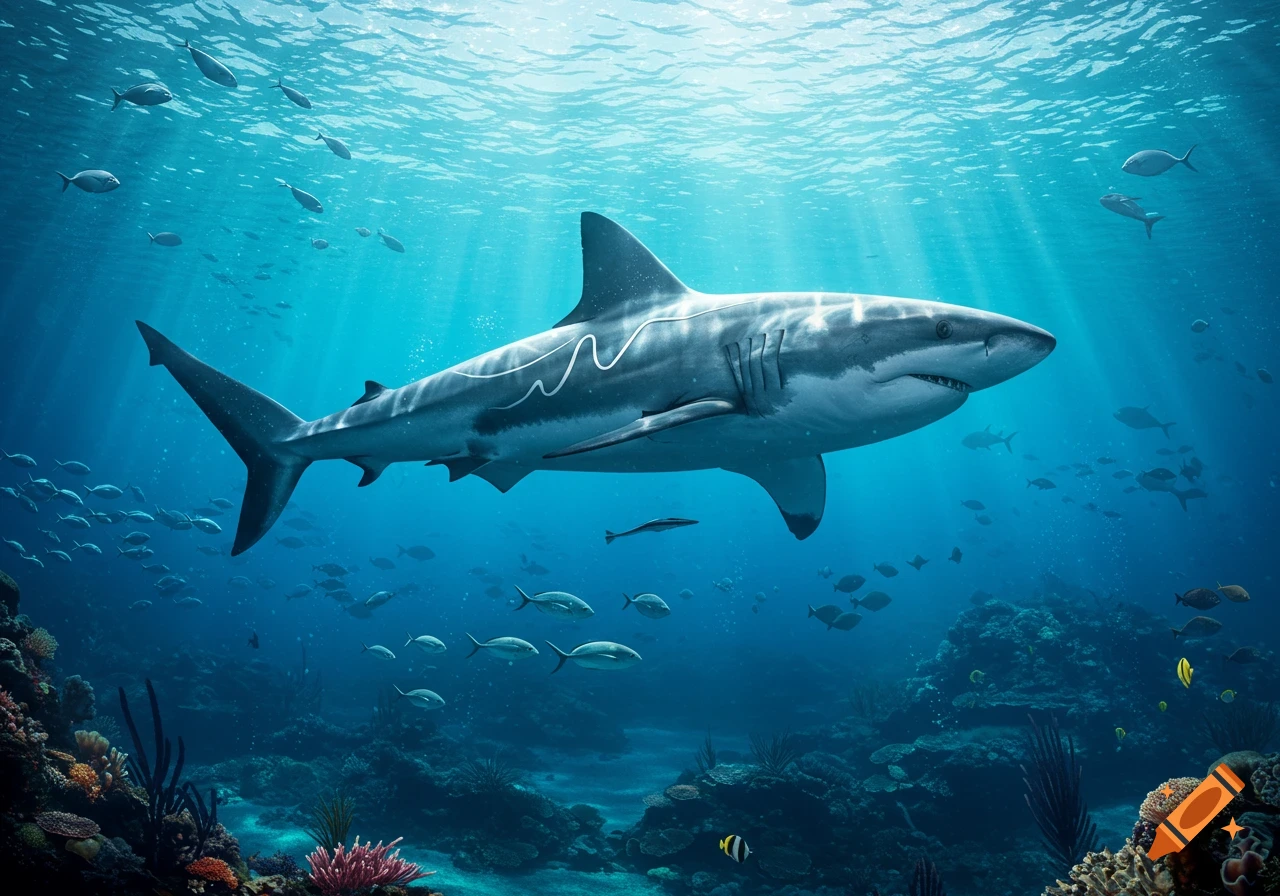 A large great white shark swims through clear blue ocean water above a vibrant coral reef, with schools of smaller fish.