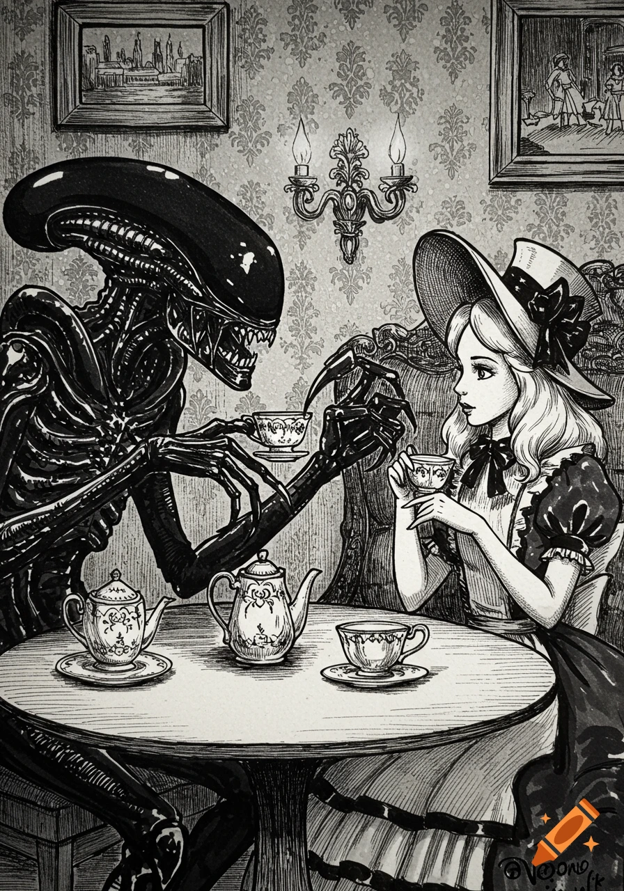 Black and white ink drawing of a Xenomorph creature and Alice from Wonderland having tea at a table.