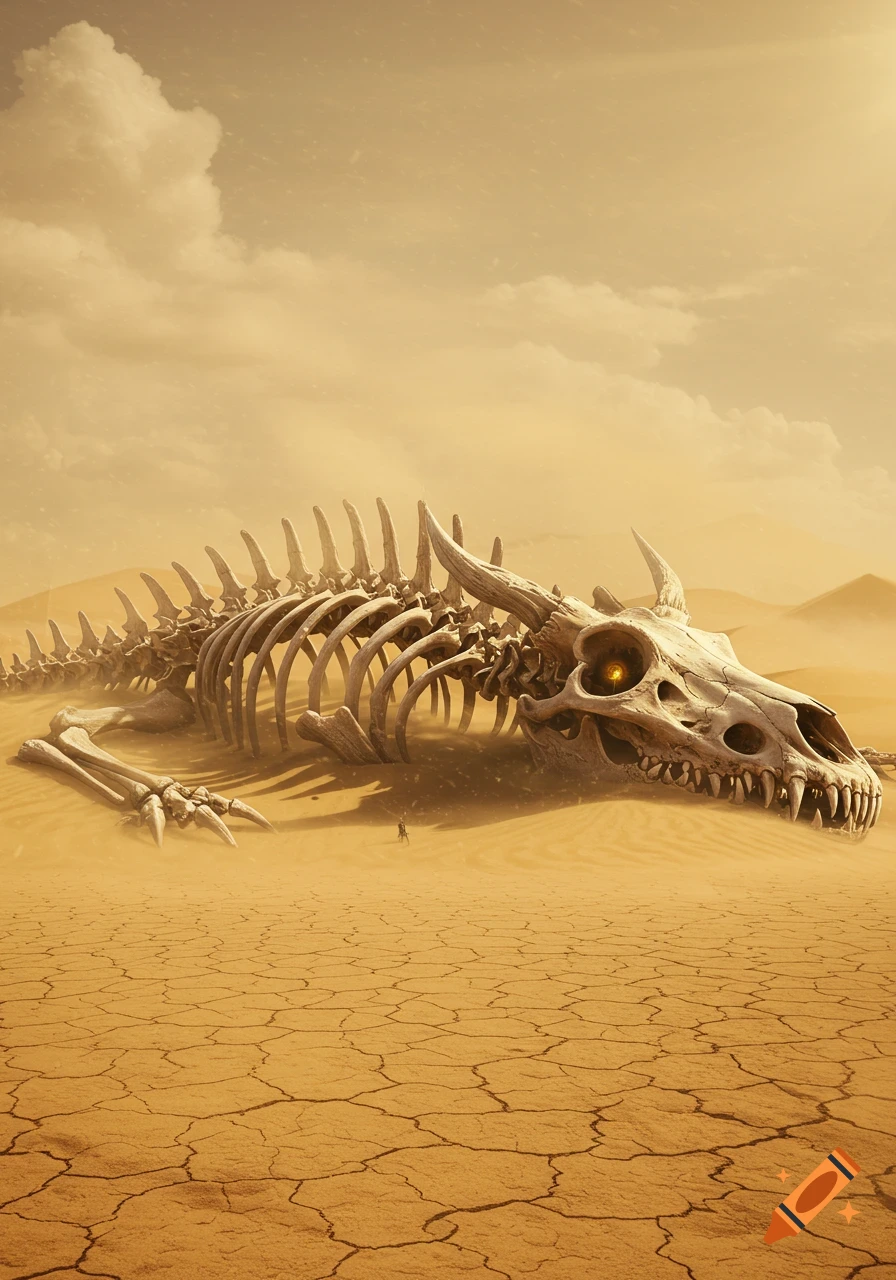 A massive dragon skeleton lies in a cracked desert, a small human figure standing near its head, under a cloudy sky.