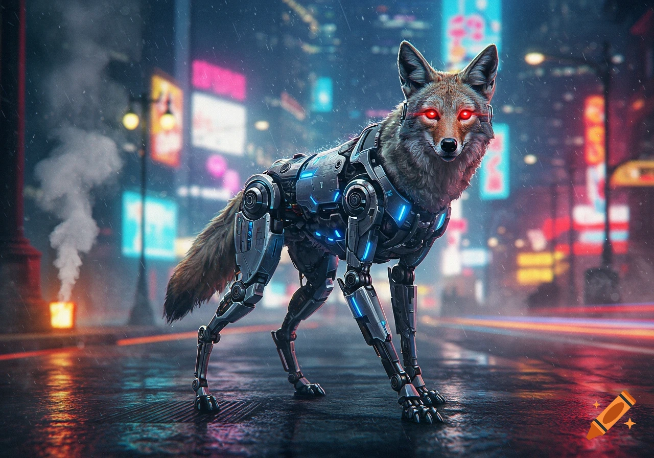 A cyberpunk mech coyote with glowing red eyes stands in a rainy neon city at night, reflecting vibrant lights.
