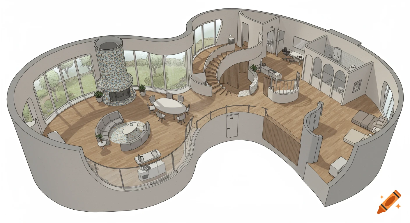 An isometric rendering of a curving, organic-shaped house floor plan with living room, dining, kitchen, and bedroom areas.