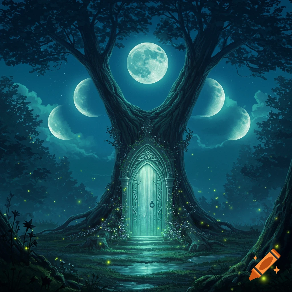 An ornate elvish doorway in the base of a gnarled ancient tree, illuminated by five bright moons in a magical night forest.