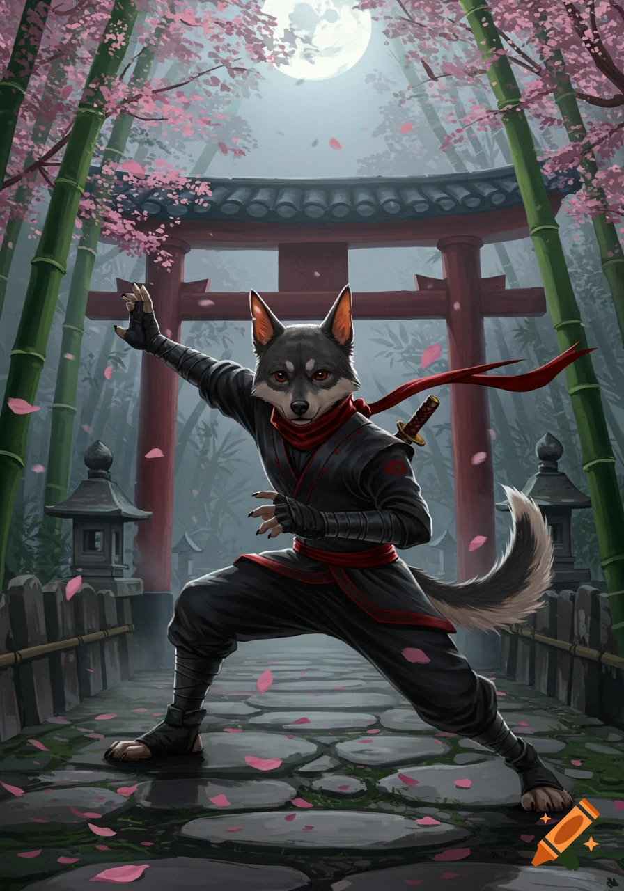 A stylized wolf ninja in a black and red uniform poses in a moonlit Japanese garden with cherry blossoms, bamboo, and a torii gate.