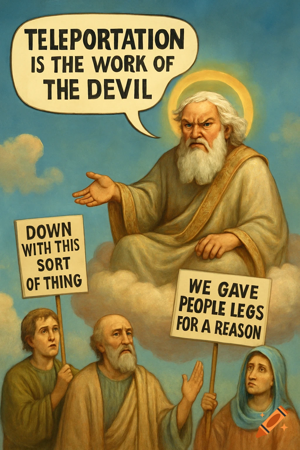 Angry God on a cloud proclaims "Teleportation is the work of the Devil", while followers below hold protest signs, in a classical painting style.