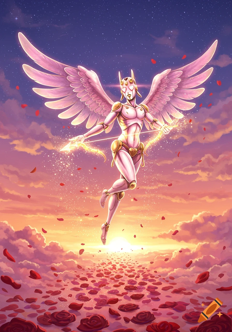 A pink, winged, robotic figure holding a glowing bow and arrow flies over a path of red rose petals at sunset.