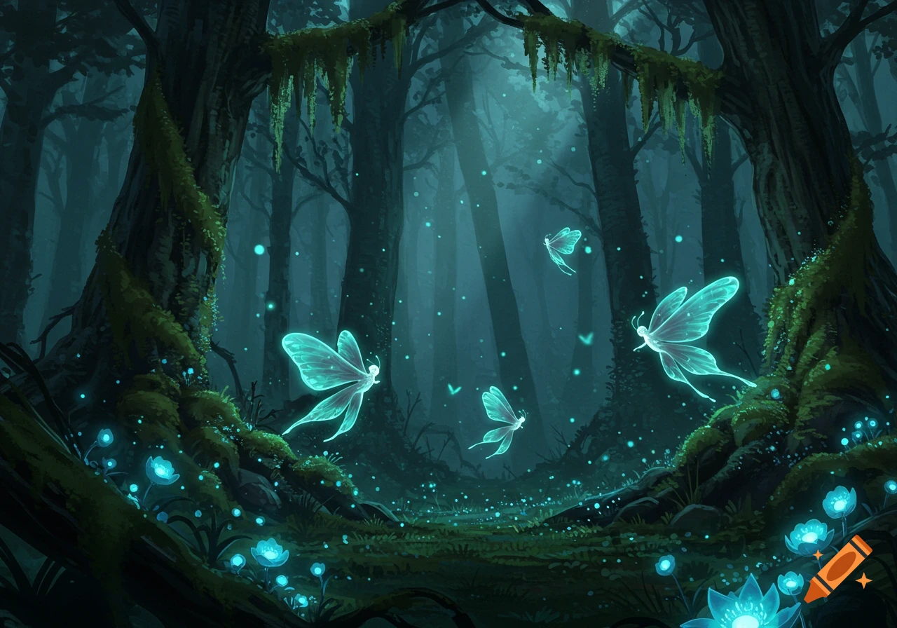 A magical forest at night with glowing blue butterflies, bioluminescent plants, and mossy trees, rendered in a digital painting style.