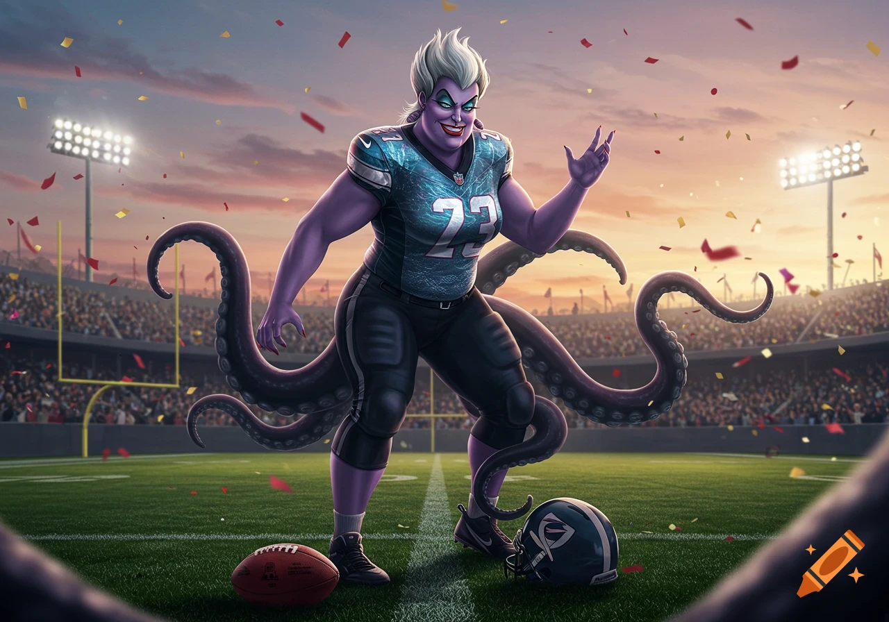 Ursula as an NFL player, with tentacles, wearing jersey #23, stands on a football field with a helmet and ball at sunset.