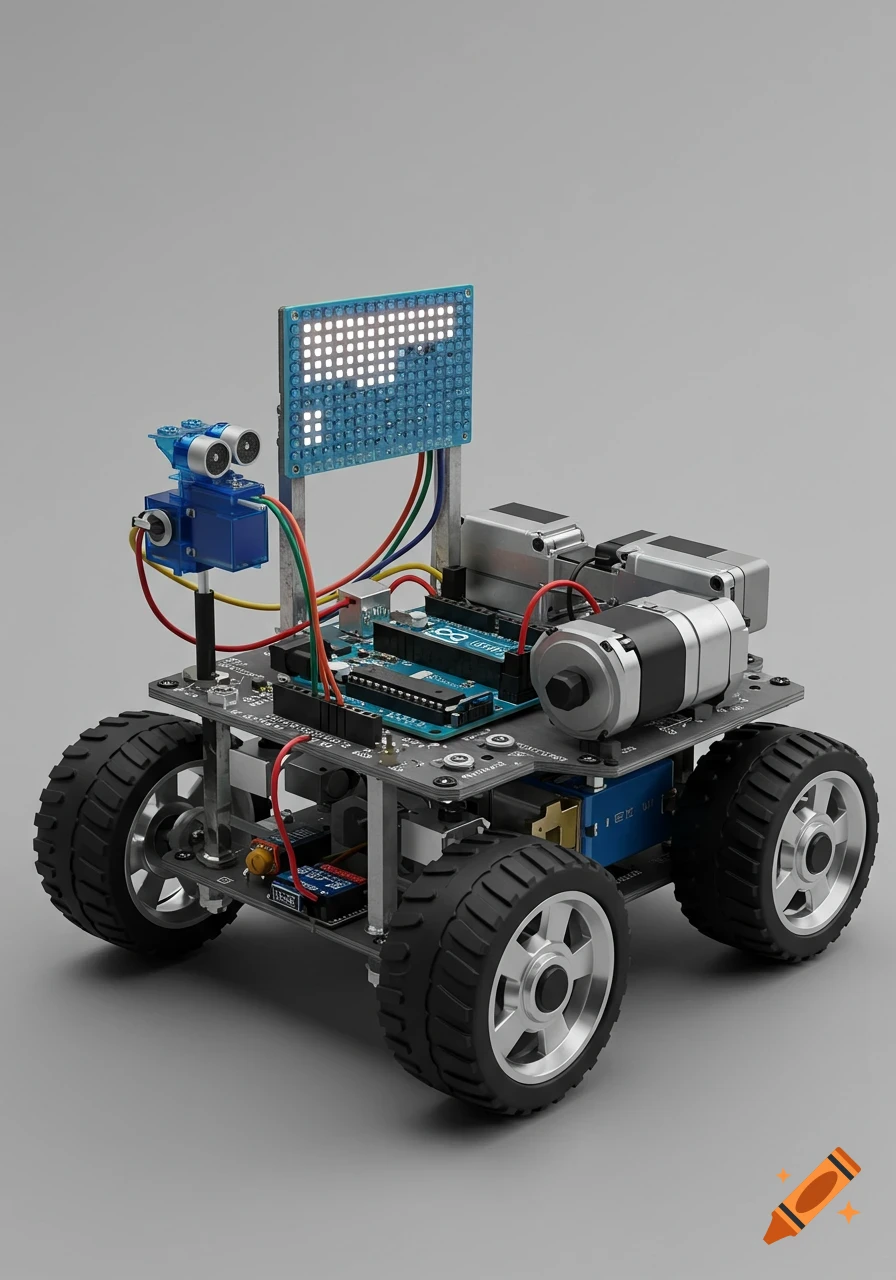A photorealistic 3D render of a small four-wheeled robot with an ultrasonic sensor, an 8x8 LED matrix display, and an Arduino board.