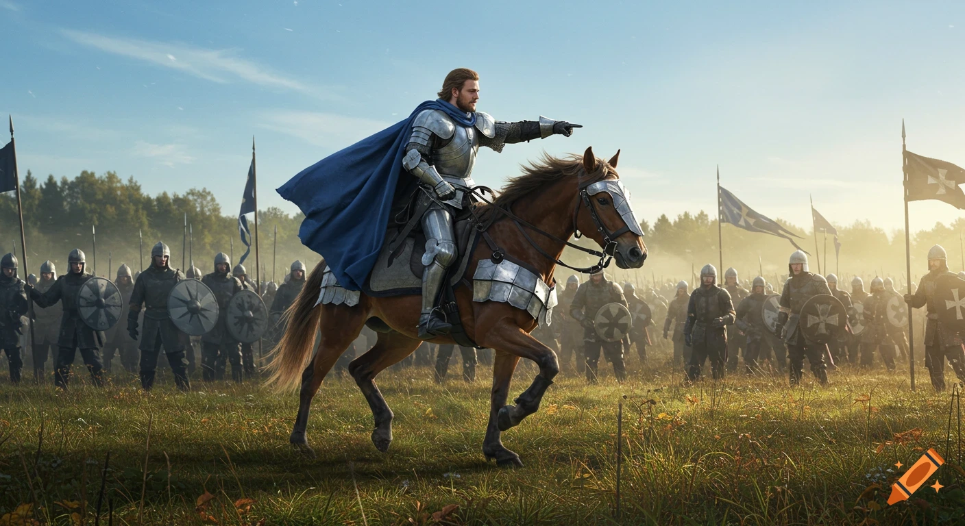 A photorealistic knight in shining armor with a blue cape rides a warhorse, pointing forward. An army of soldiers with shields stands in a grassy field, ready for battle.
