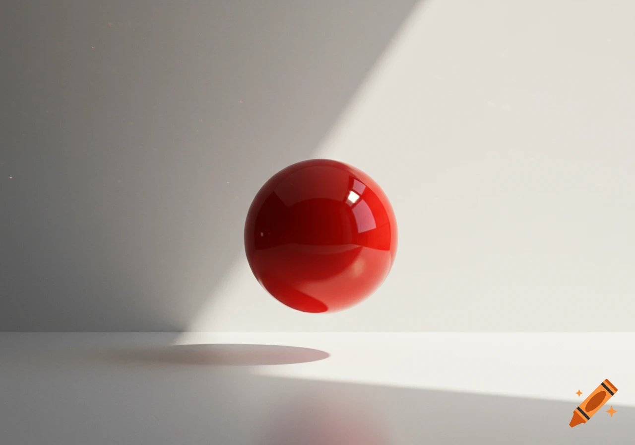 A glossy red sphere floats above a white surface, casting a shadow, with a minimalist light and shadow background.