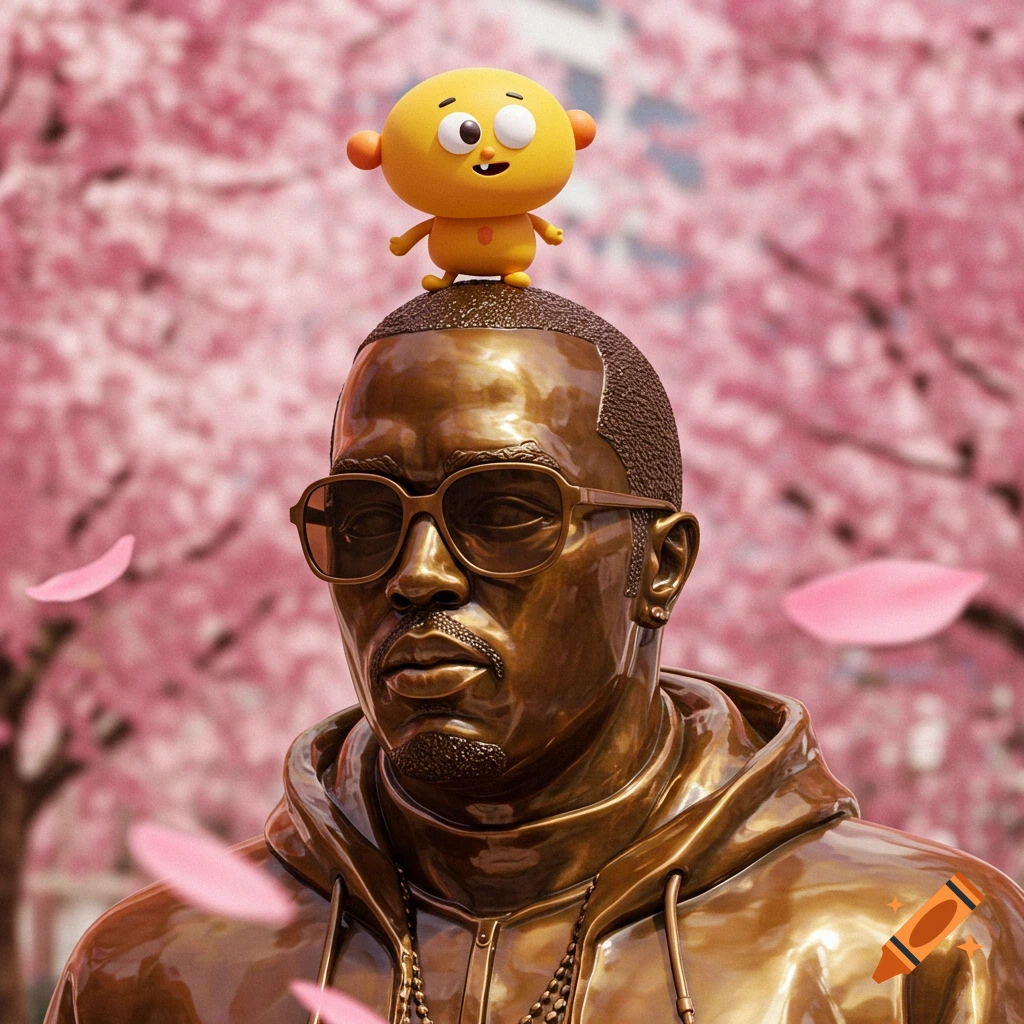 A bronze statue of a man with sunglasses, topped by a small yellow cartoon character, against a backdrop of pink cherry blossoms.