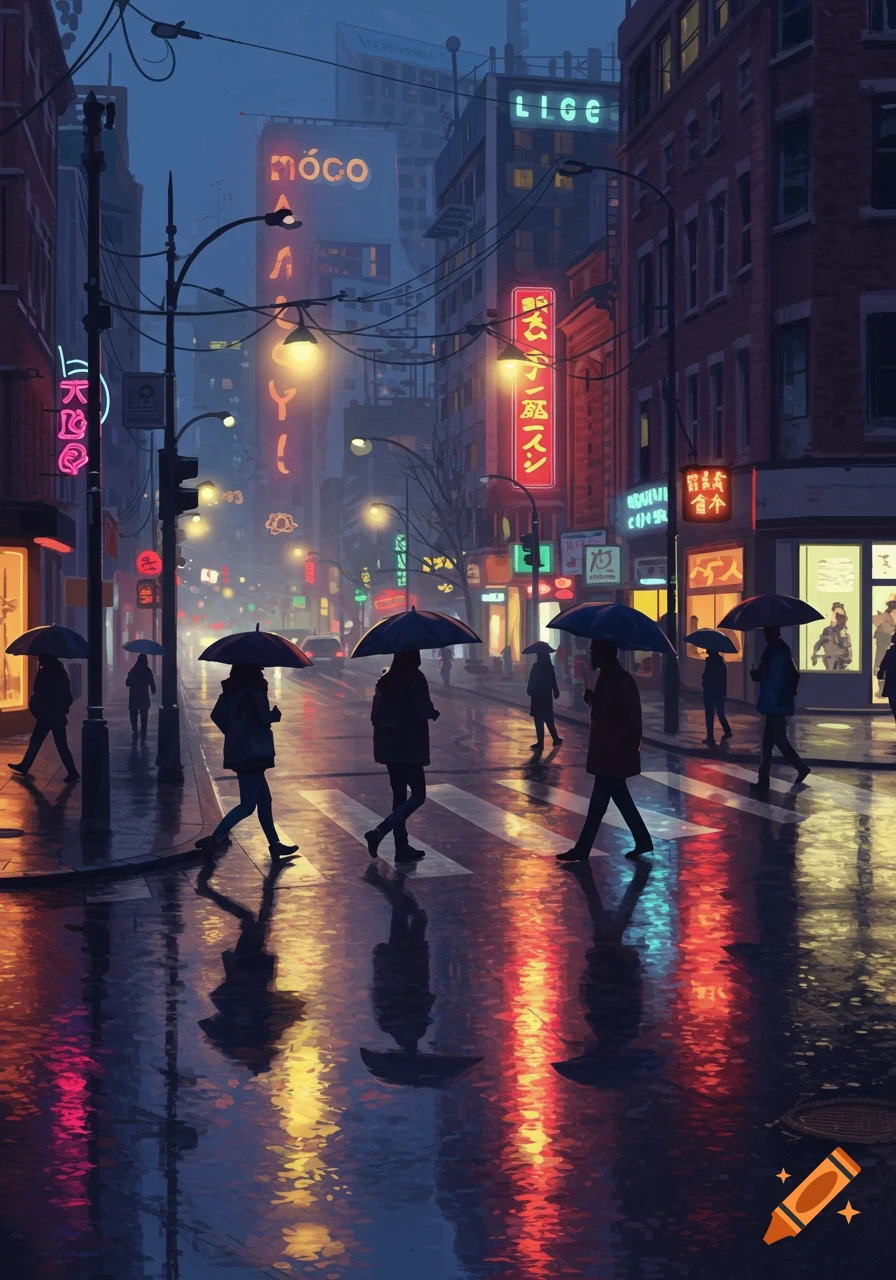 A stylized view of a rainy city street at night, with people holding umbrellas crossing a crosswalk amidst neon lights reflecting on the wet pavement.