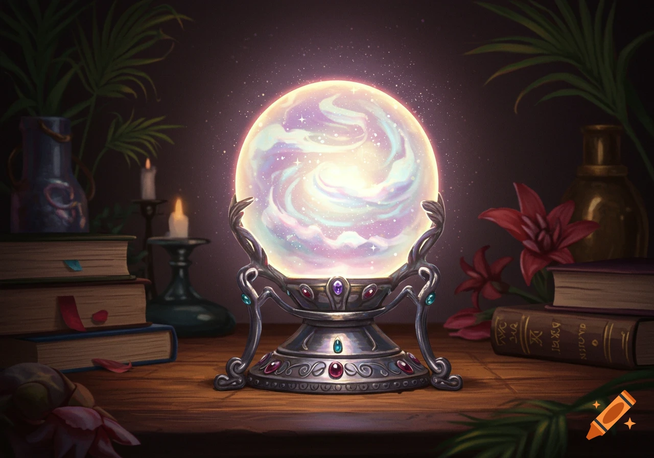 A luminous, swirling crystal ball on an ornate silver stand, surrounded by stacks of old books, lit candles, and green plants.